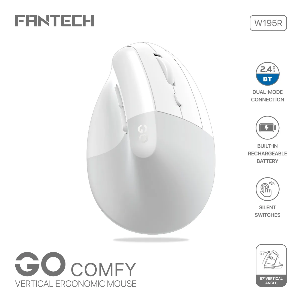 Fantech W195R GO COMFY Vertical Ergonomic Wireless & Bluetooth Mouse White